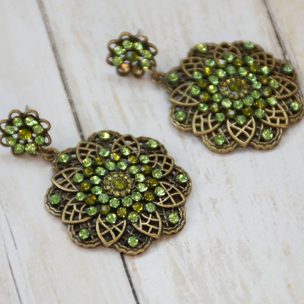 Emerald green Mandala rhinestone earrings